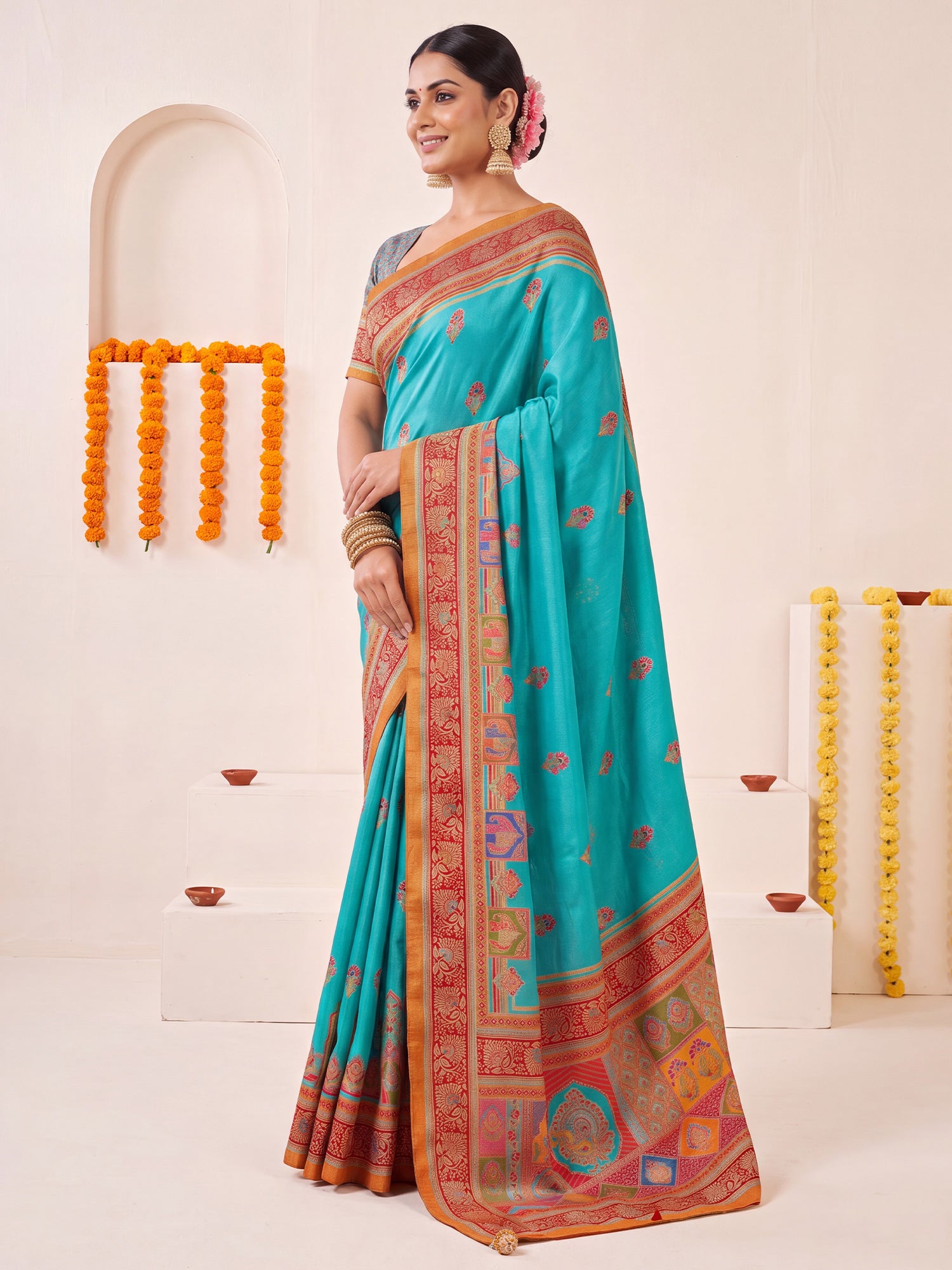 Turquoise Blue Silk Blend saree – detail view 2