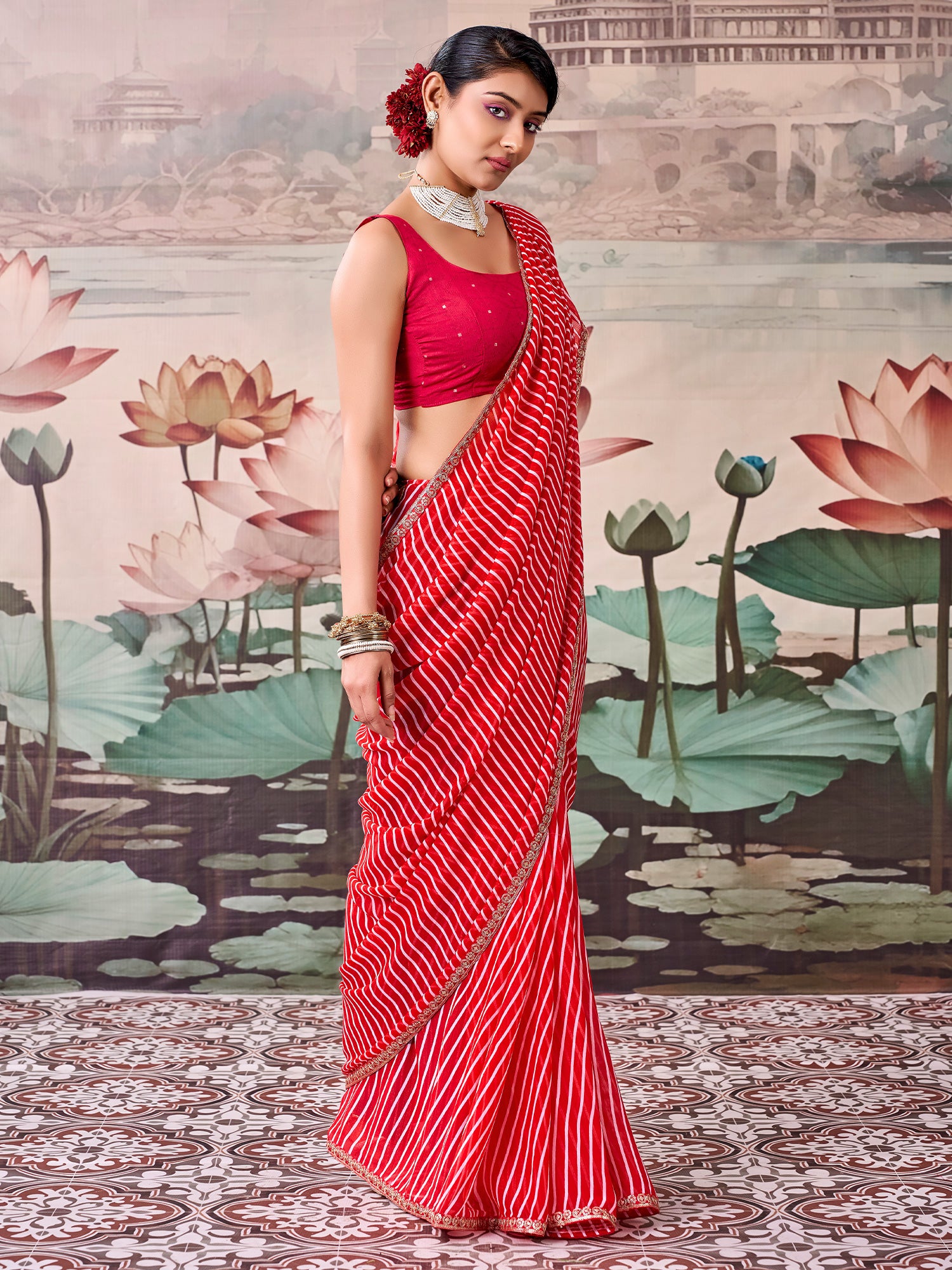 Red Georgette saree – detail view 1