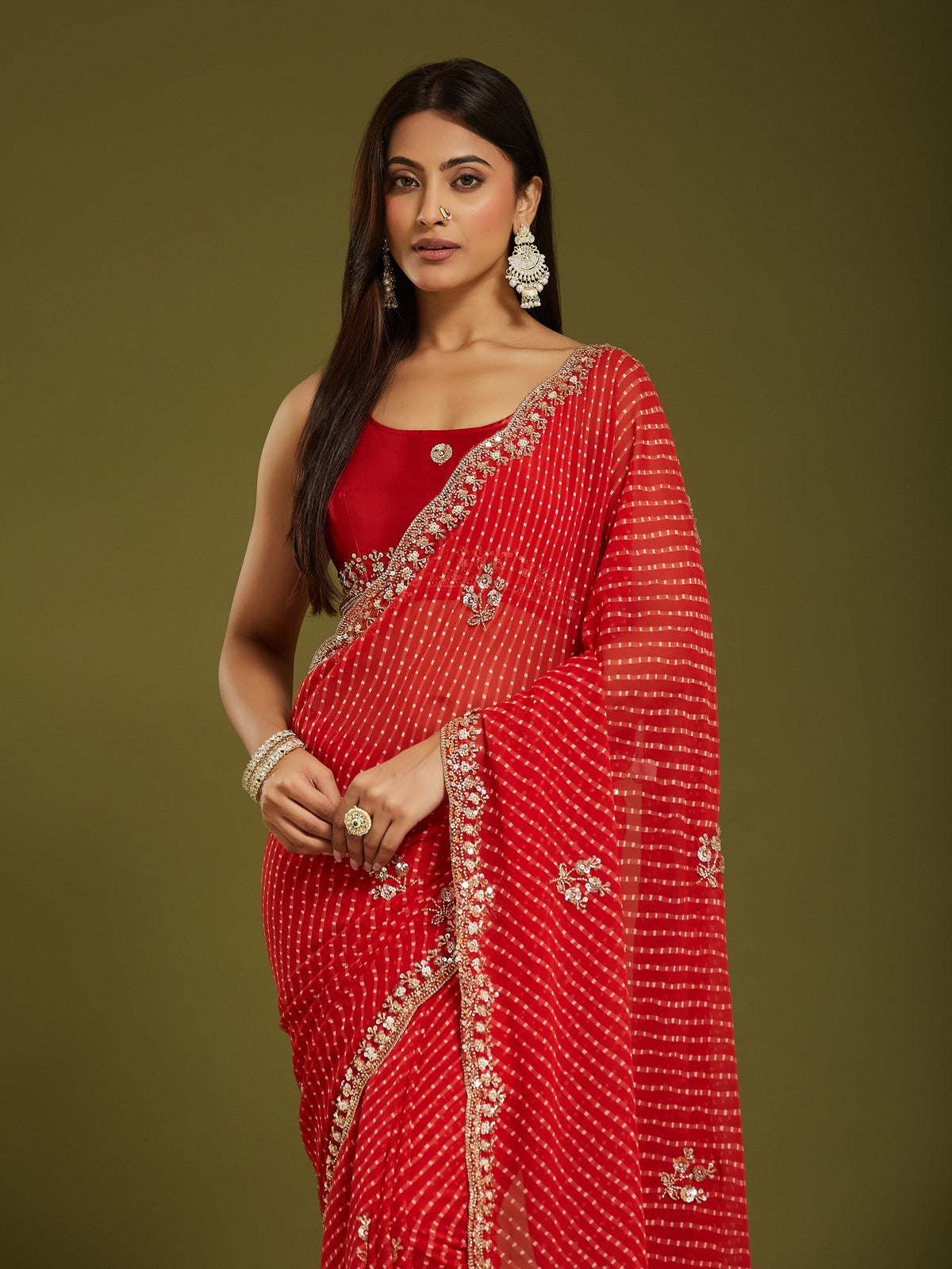 Red Georgette saree – detail view 5