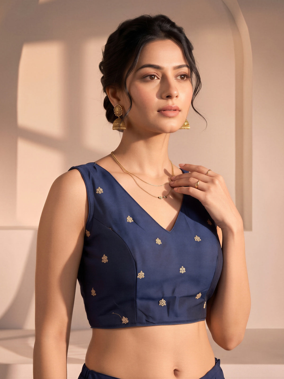 Teal Blue sequin embellished vichitra silk sleeveless readymade saree blouse with v neck view 3