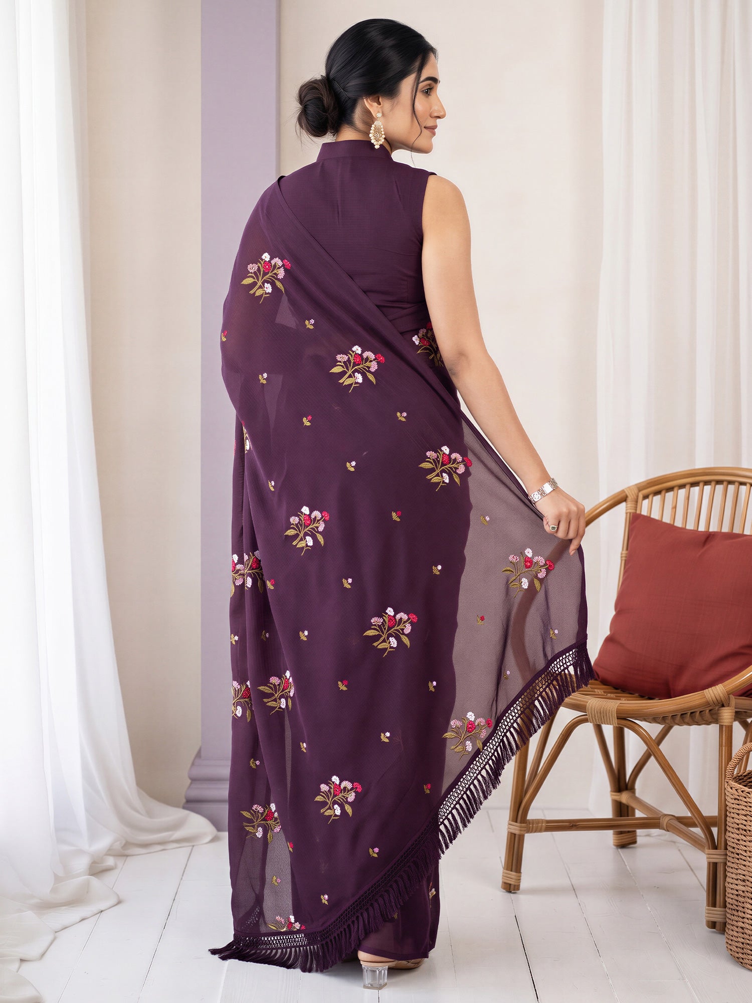 Wine Kota Doria Cotton saree – detail view 1