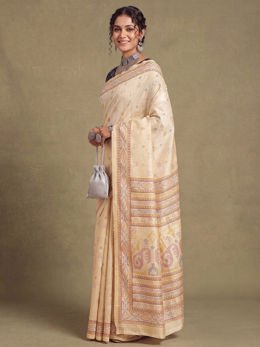 Cream Ikat Print Saree