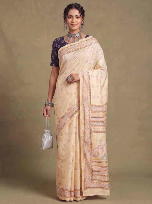 Cream Ikat Print Saree