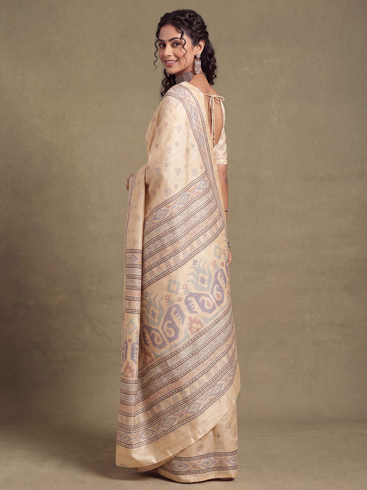 Beige Ikat Print Saree