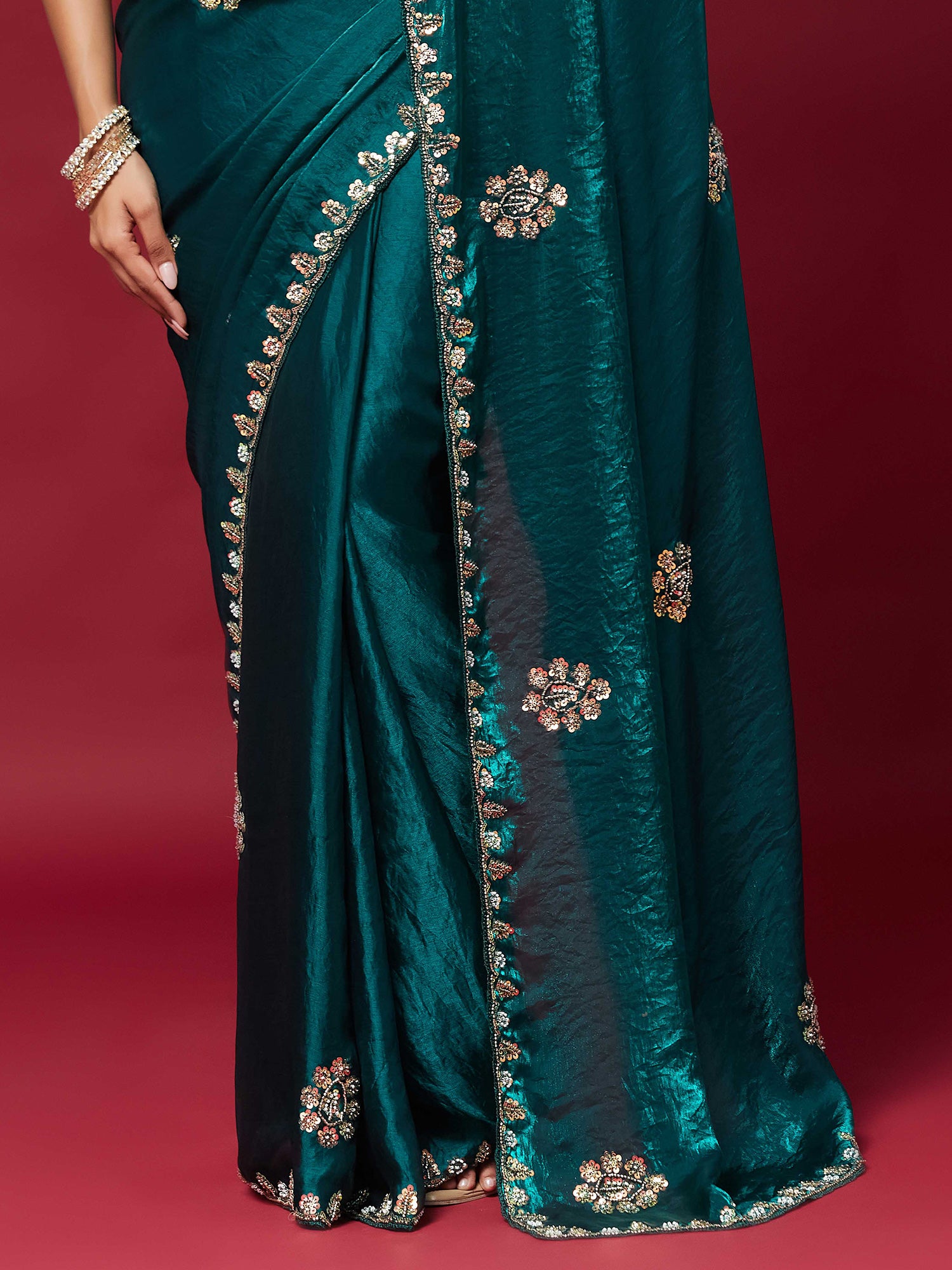 Teal Green Satin Silk saree – detail view 5