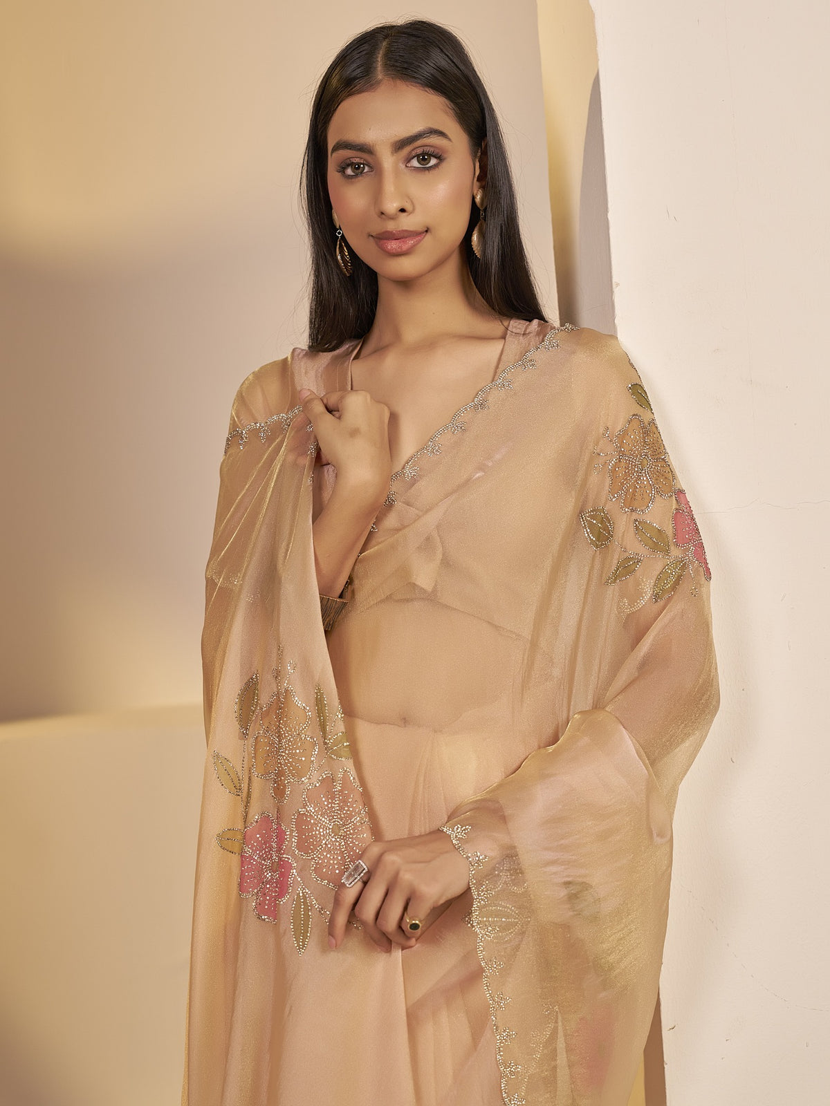 Peach organza saree view 3