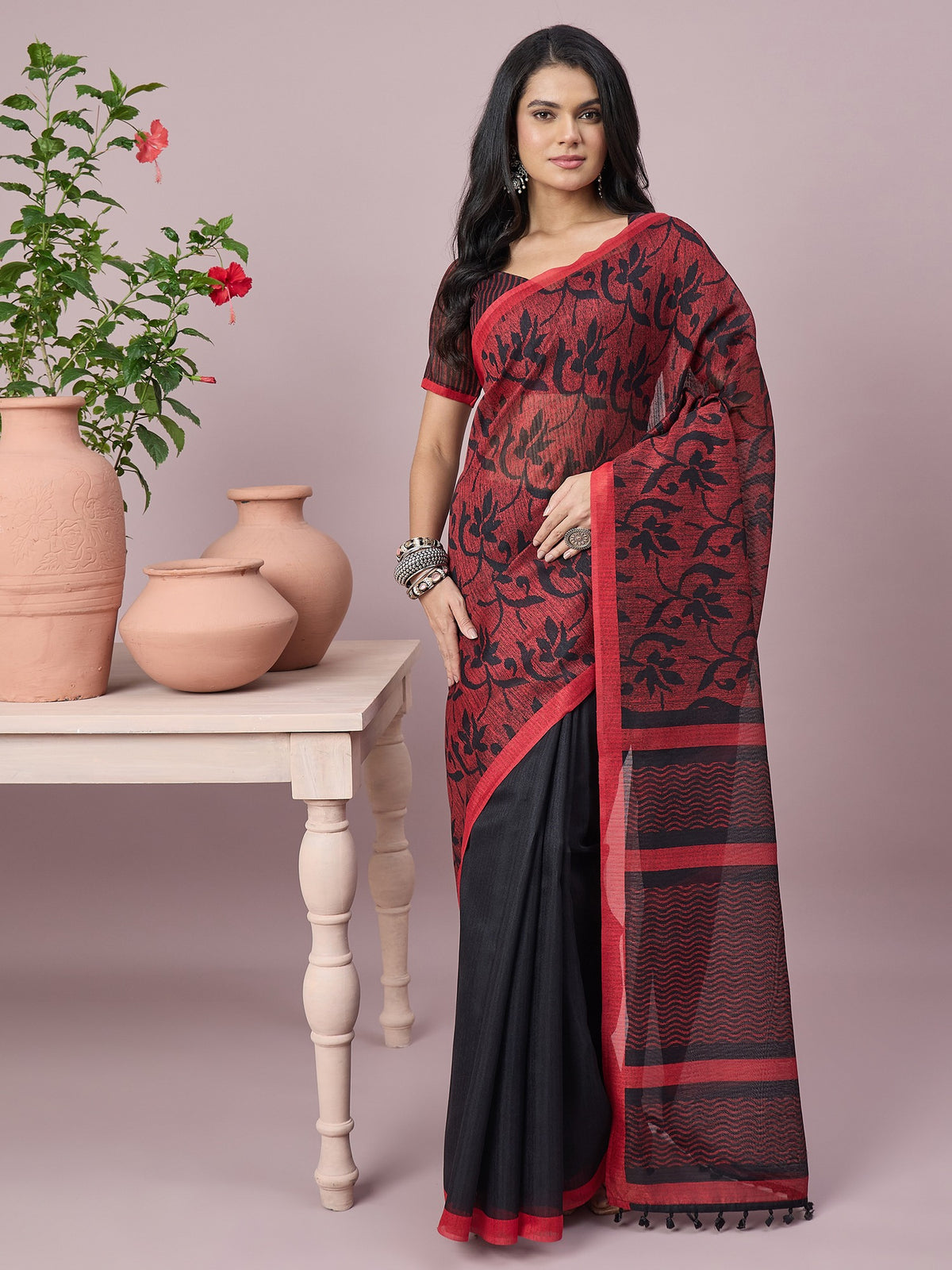 Black floral cotton slub saree with red blouse piece