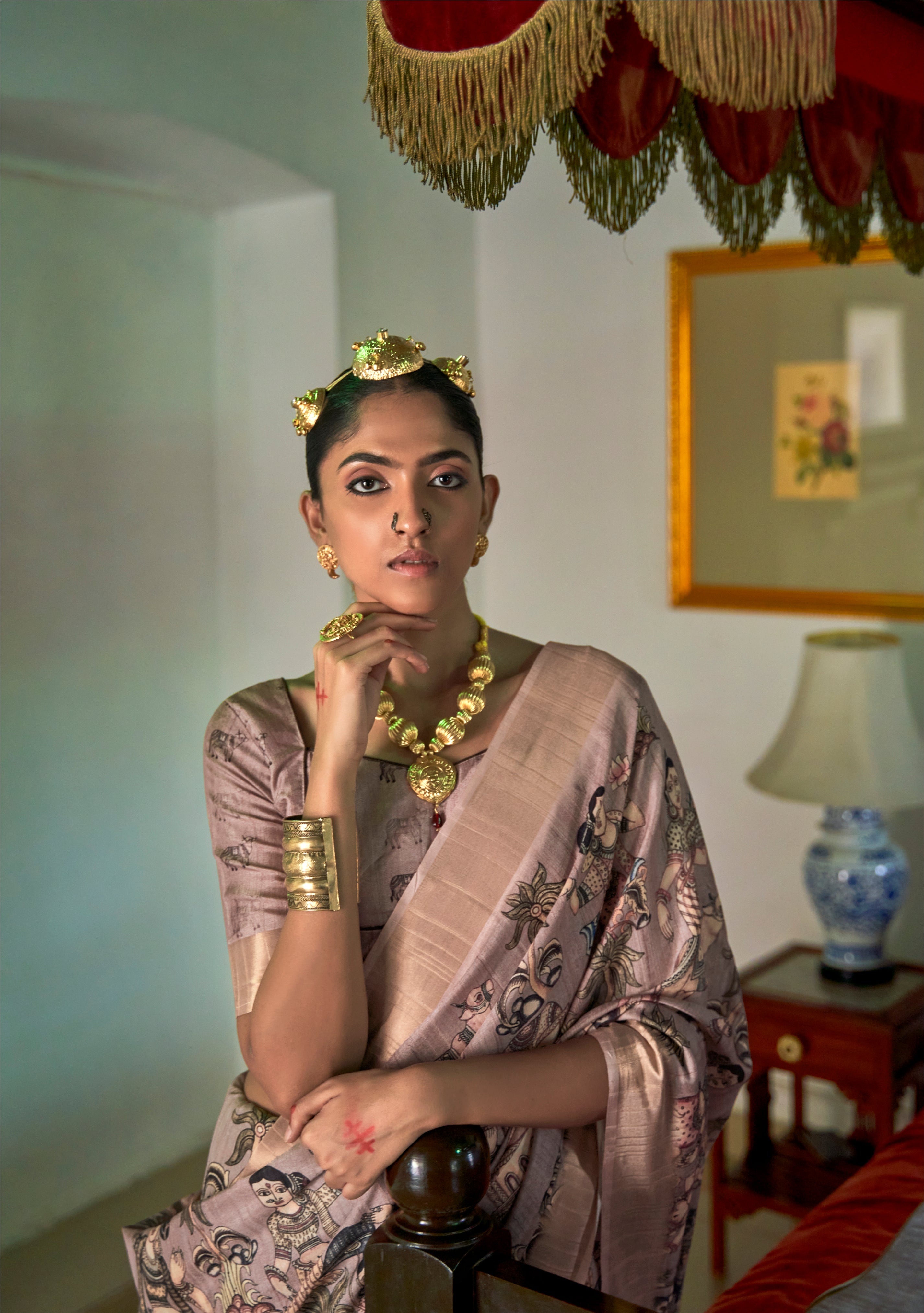 Printed Banarasi Silk Saree in Golden Border – Ressa
