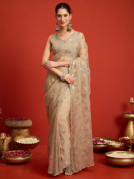 Woman wearing beige chiffon saree with ornamented surface design and beige blouse