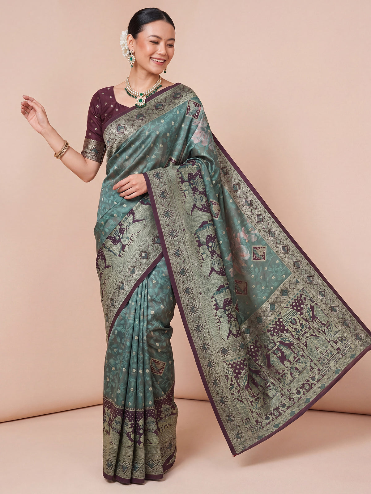 Sea Green Jacquard saree – detail view 3