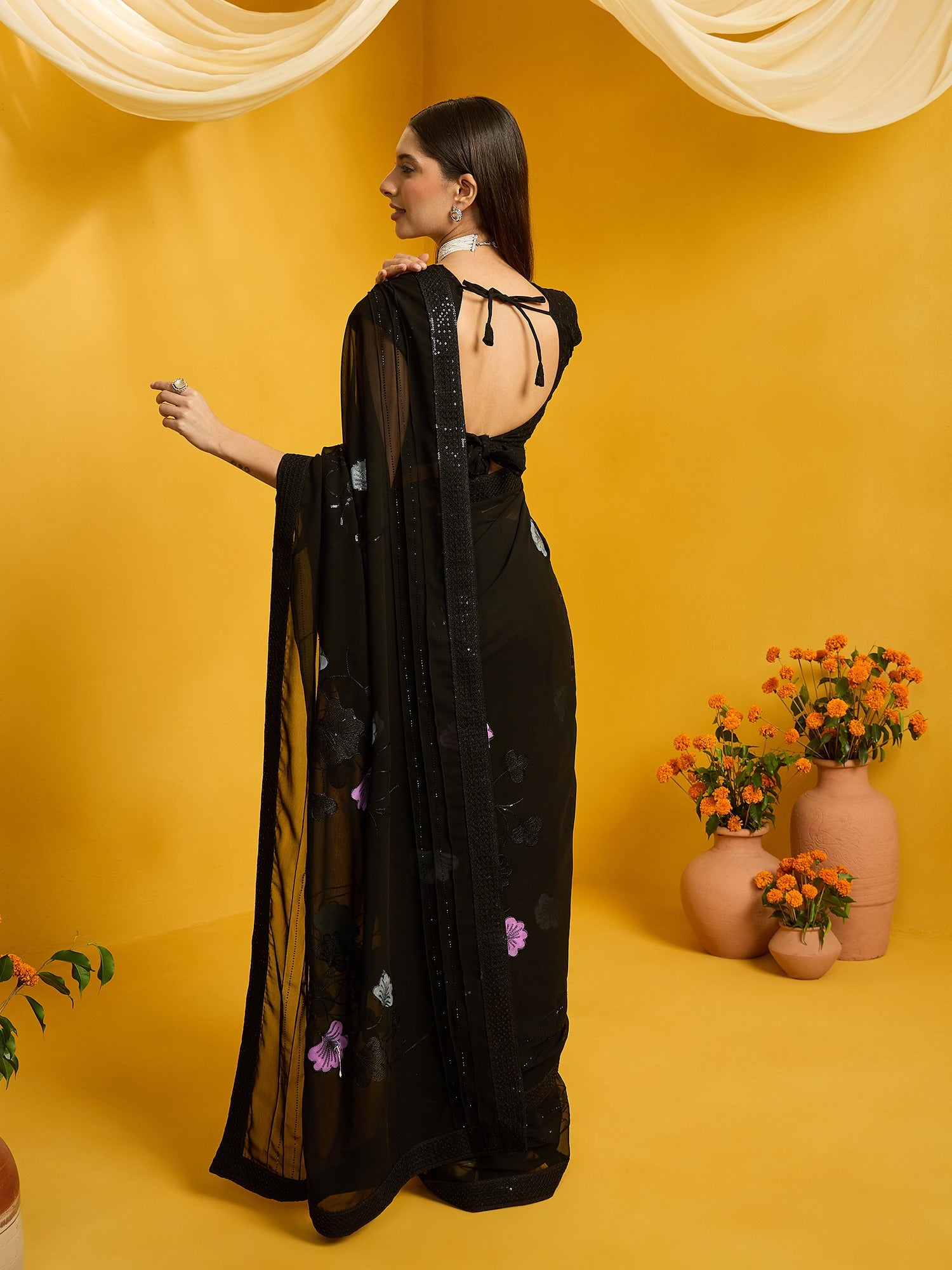 Black Georgette saree – detail view 5