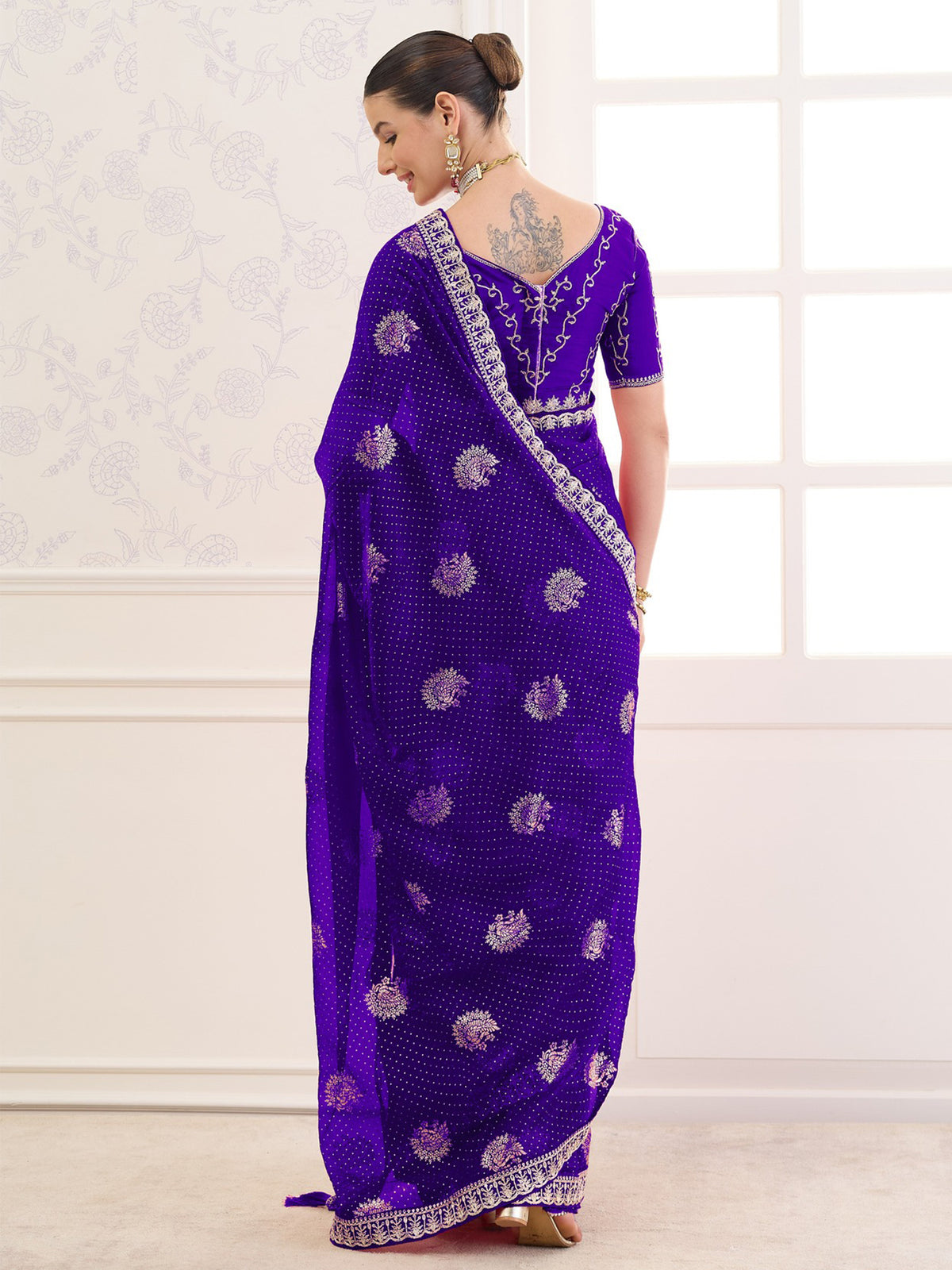Violet chiffon saree view 5