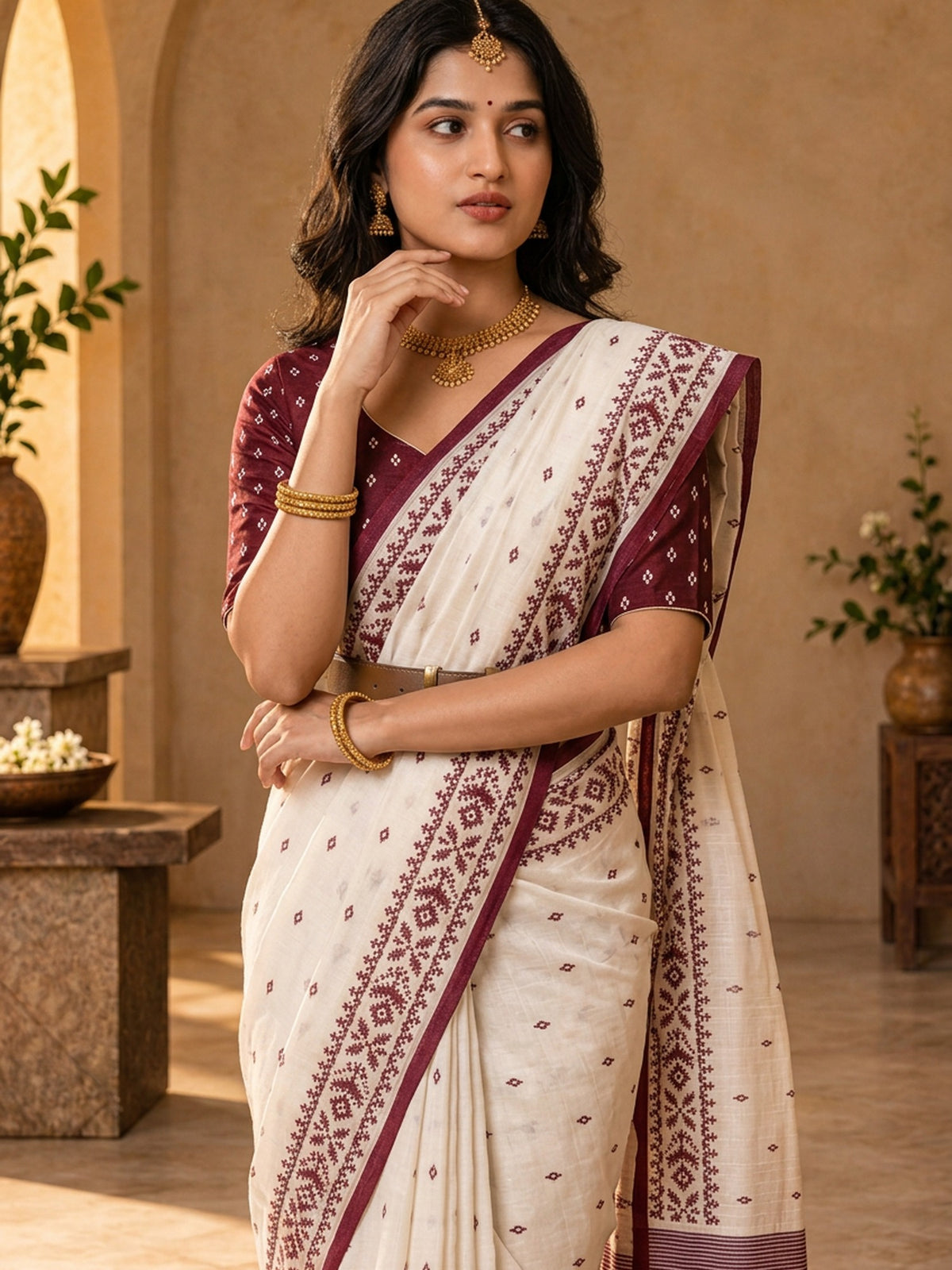 Off White tussar silk saree view 3