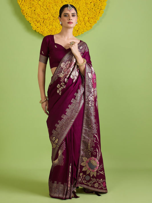 Woman wearing wine silk blend saree with all-over floral design and wine blouse