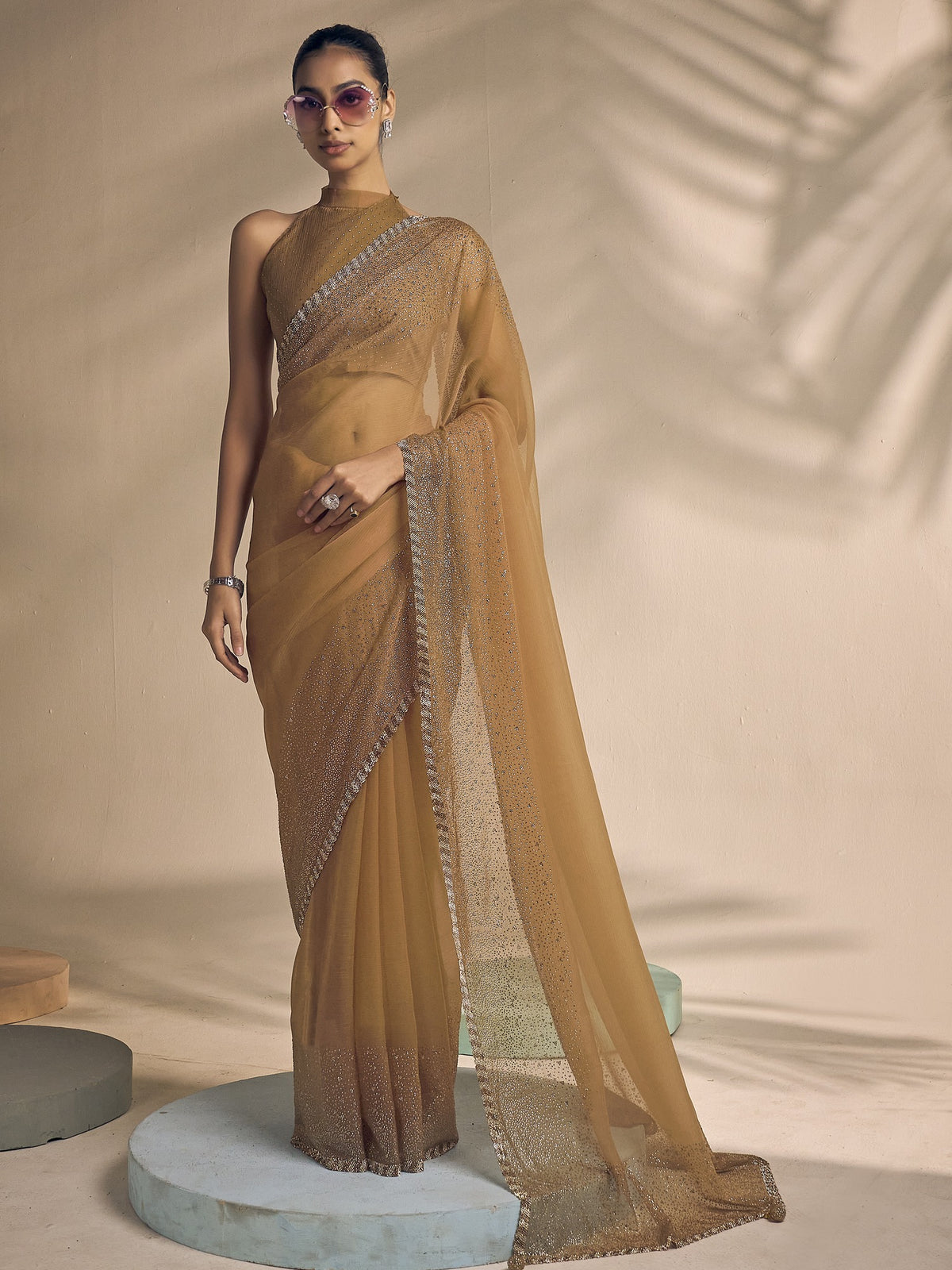 Olive embellished chiffon saree with olive blouse piece