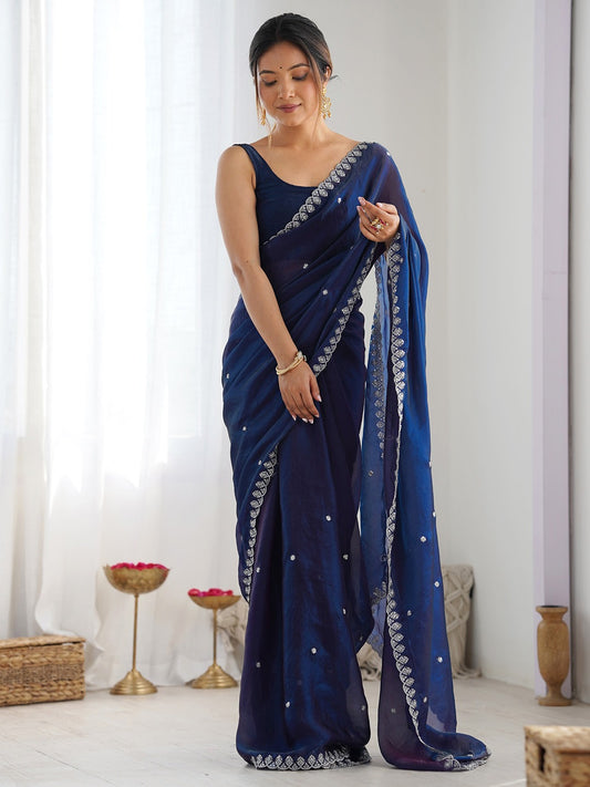 Navy Blue Embroidered Paper Silk Saree