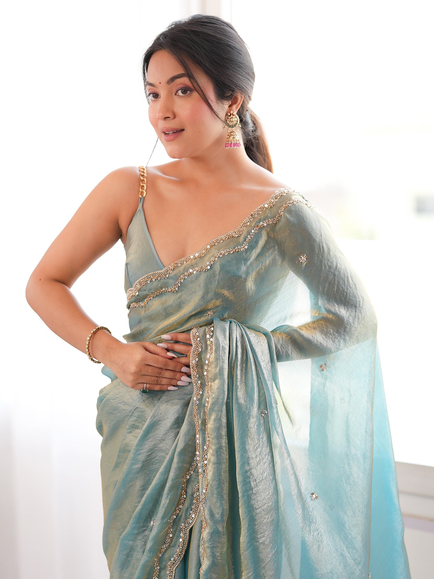 Light Blue Satin Silk saree – detail view 3