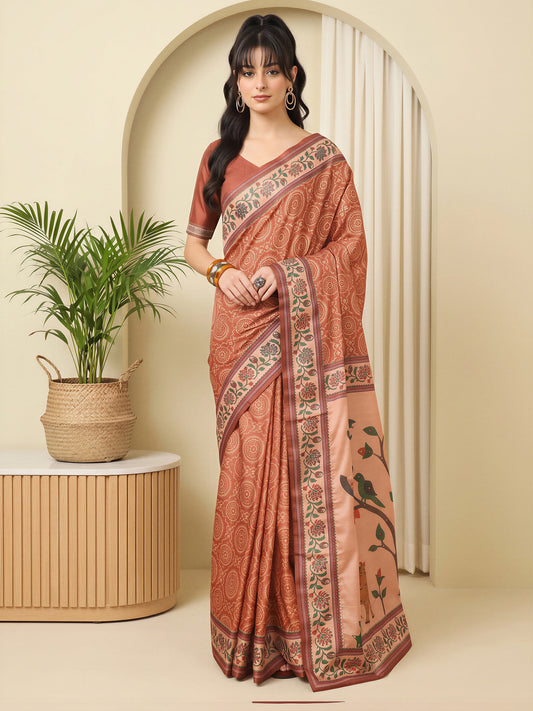 Woman wearing rust silk blend saree with traditional indian motif work and rust blouse