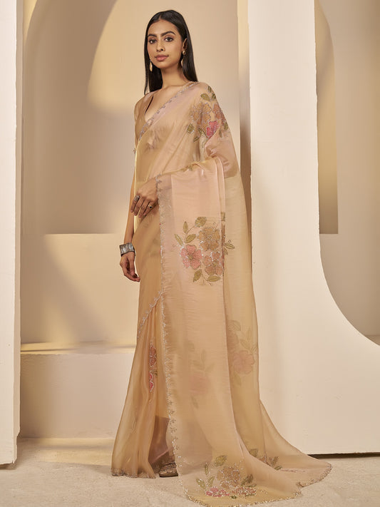 Peach organza saree view 1