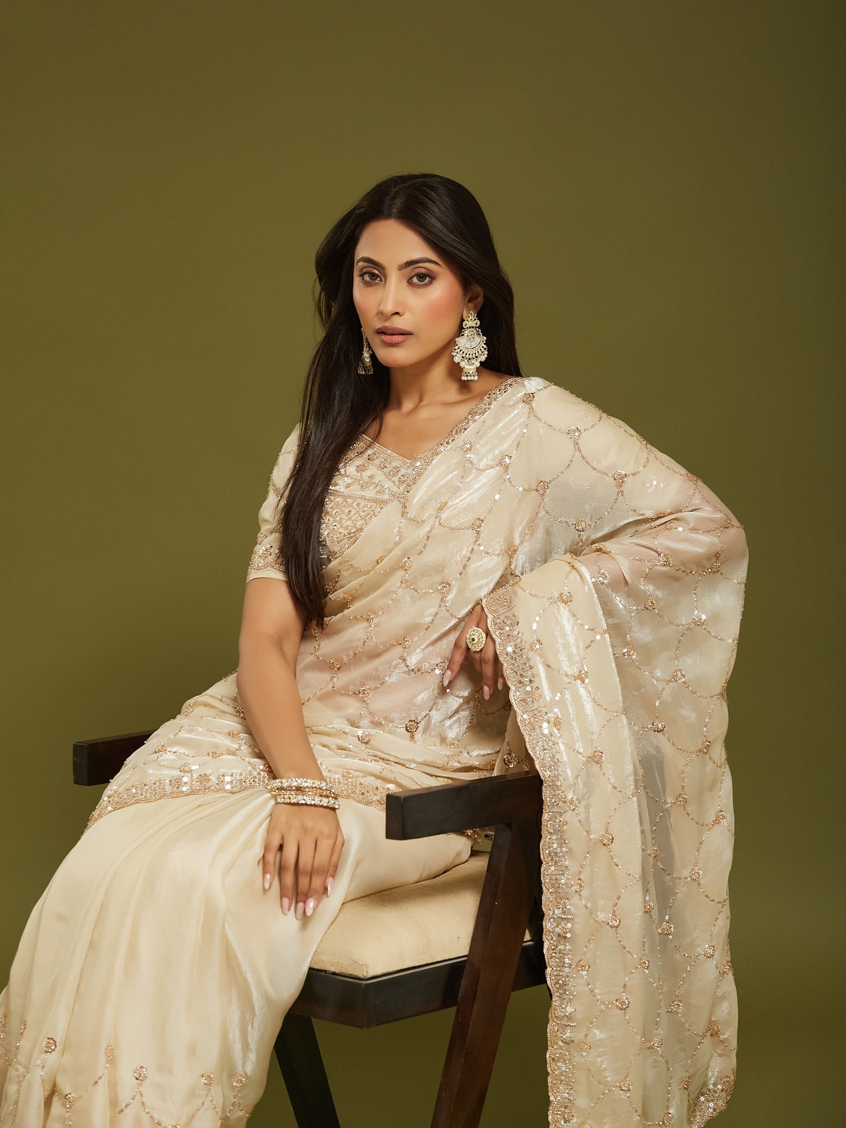Cream Satin saree – detail view 2