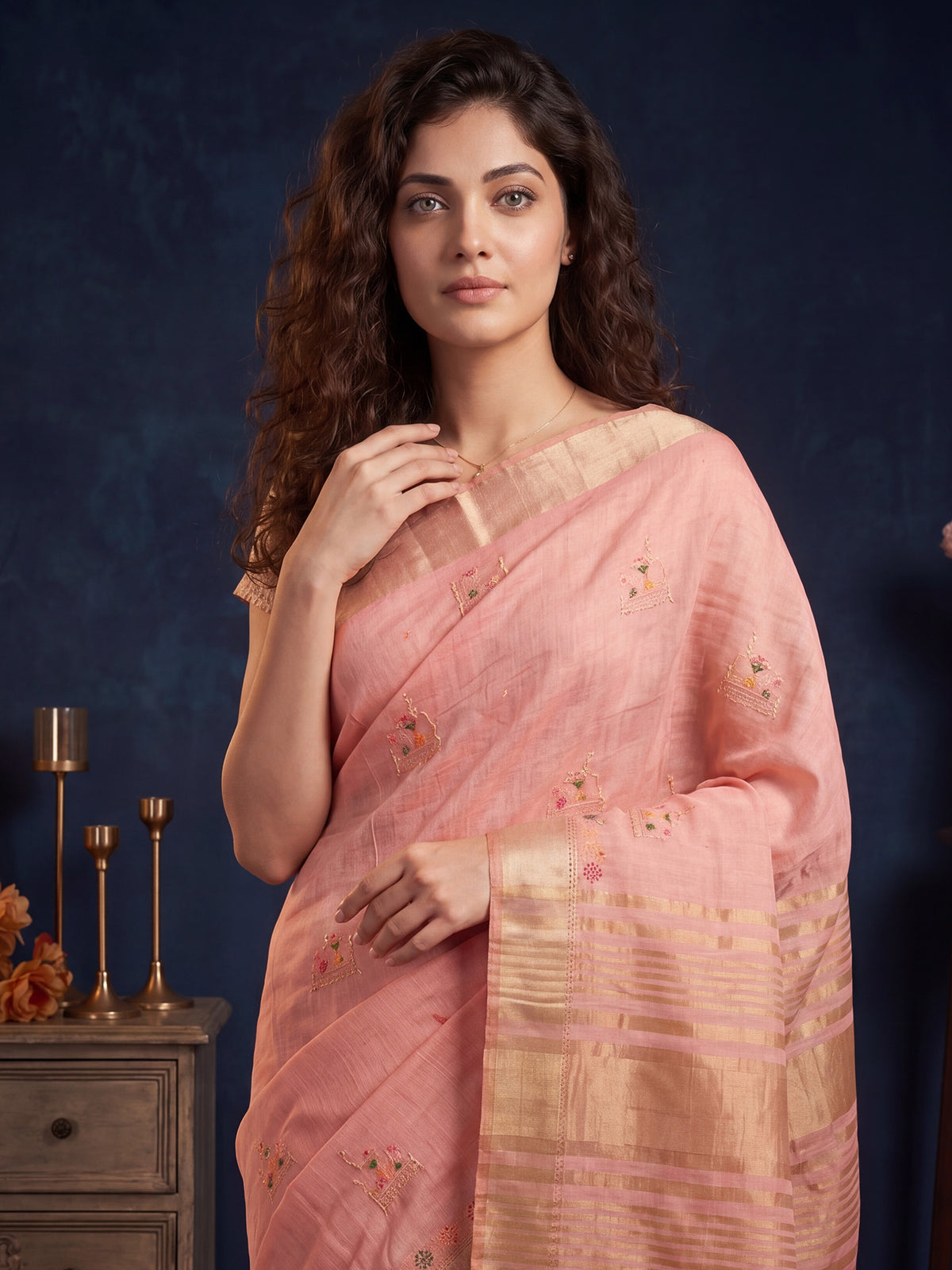 Pink Cotton Linen saree – detail view 4