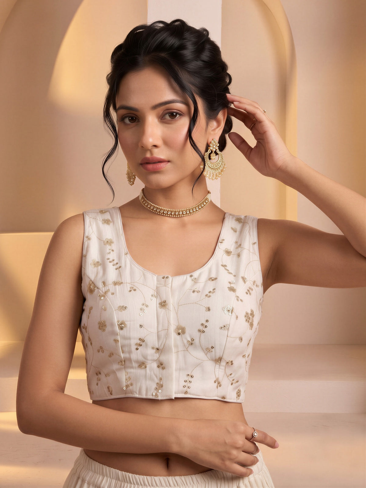 White sequin embroidered vichitra silk sleeveless readymade saree blouse with round neck view 3