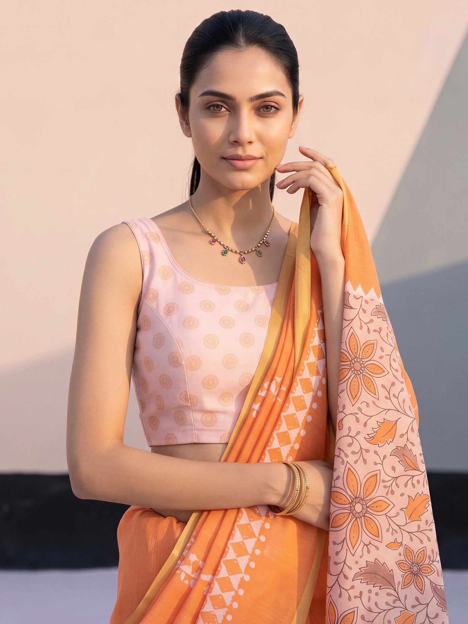 Orange Cotton Blend saree – detail view 4