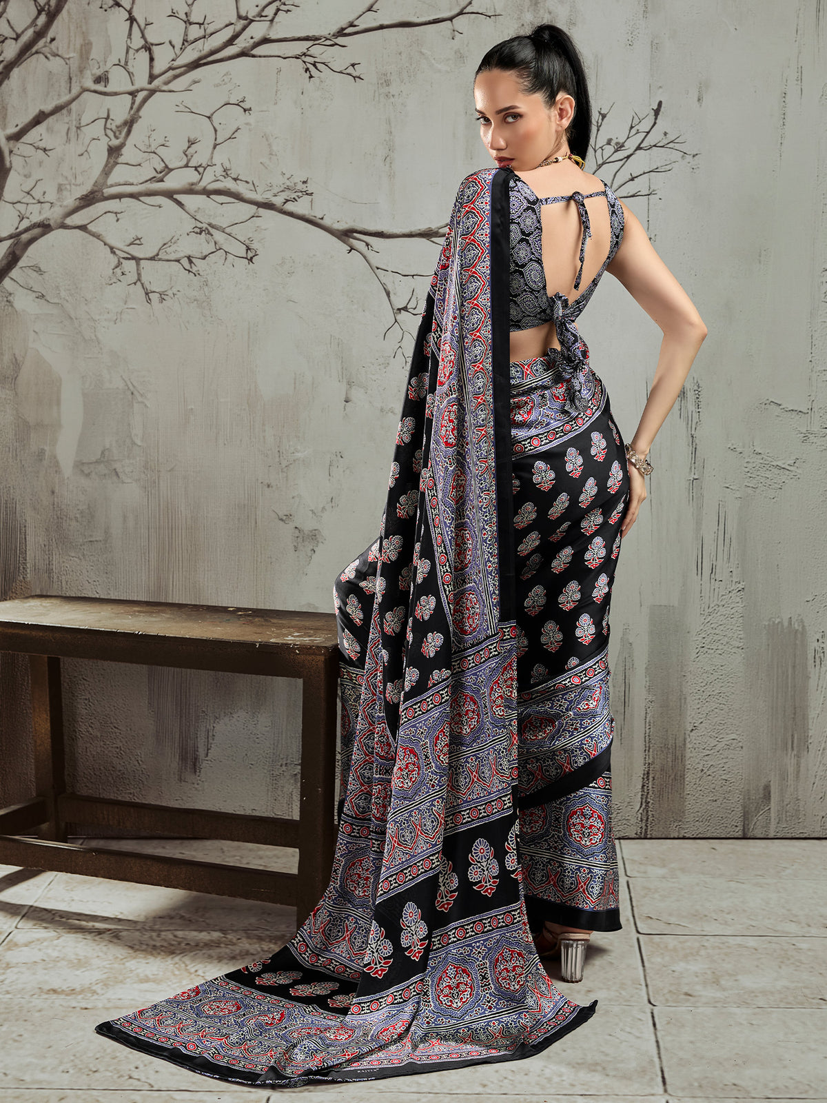 Black satin saree view 1