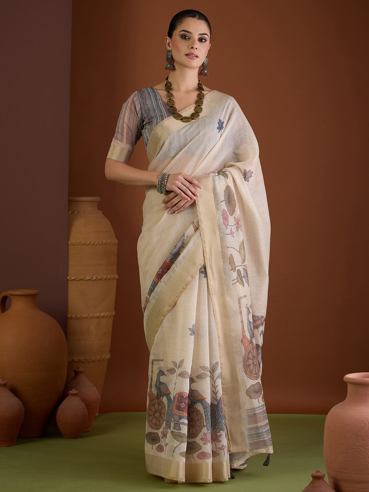 Beige ethnic motif linen blend saree with grey melange blouse piece