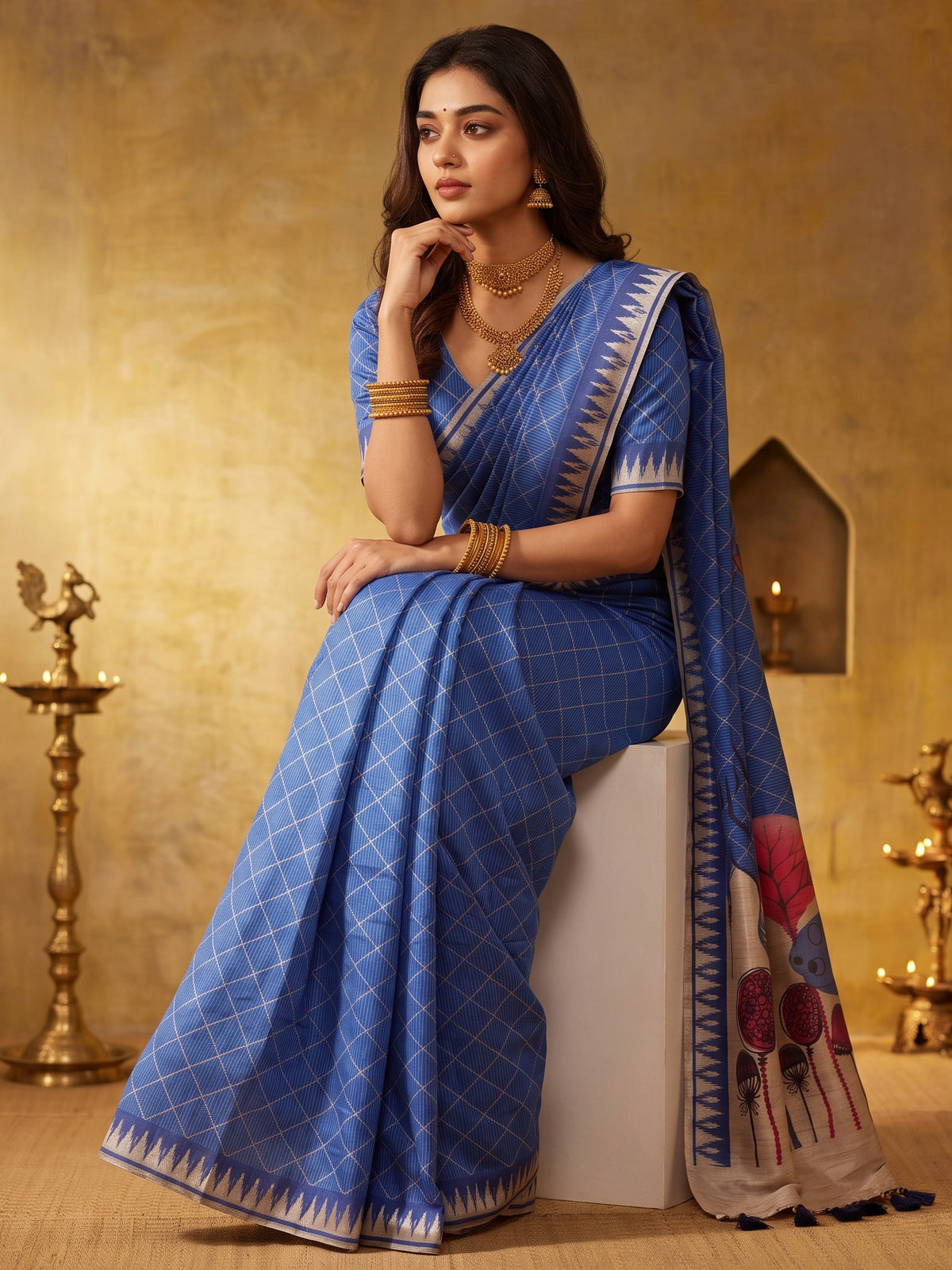 Blue soft silk saree view 3