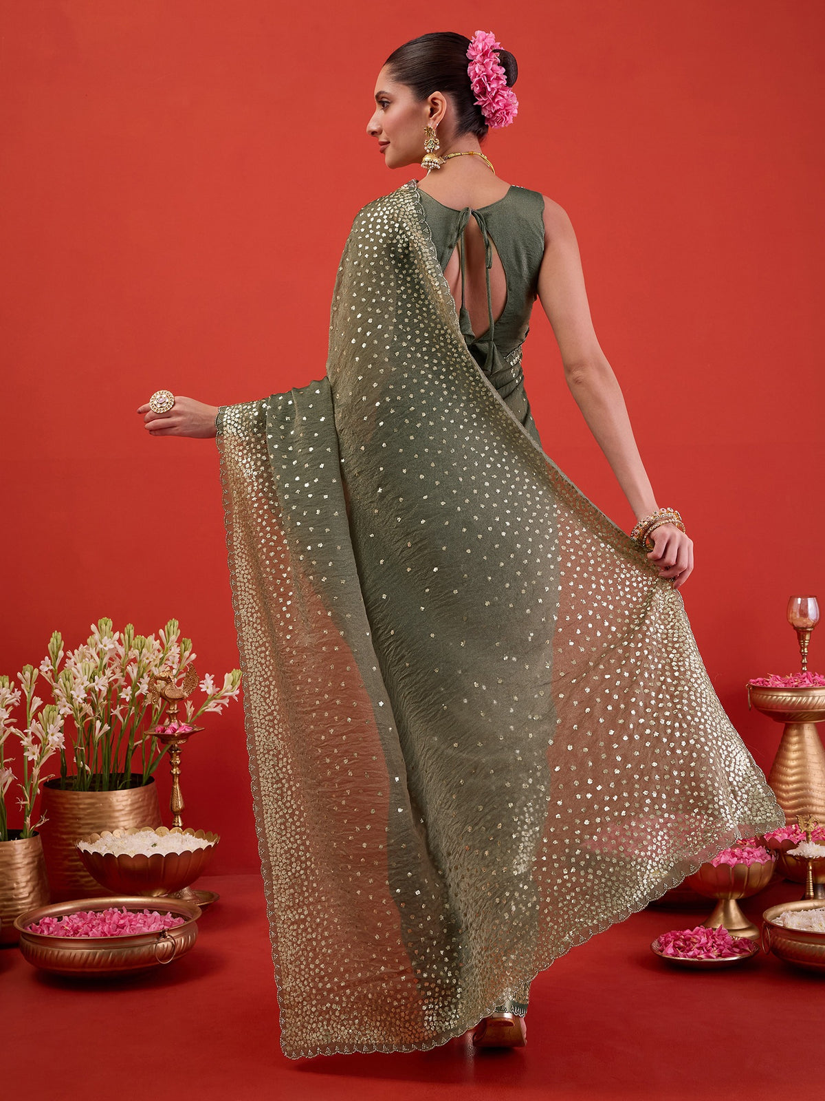 Olive organza saree view 2