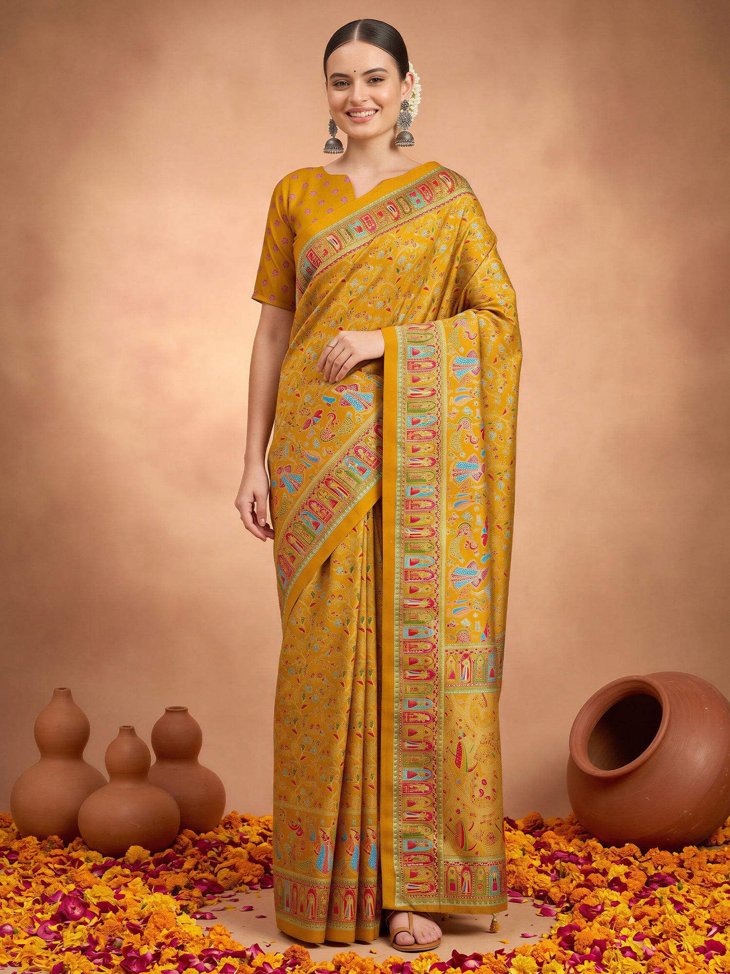 Woman wearing mustard silk blend saree with metallic foil print work and mustard blouse