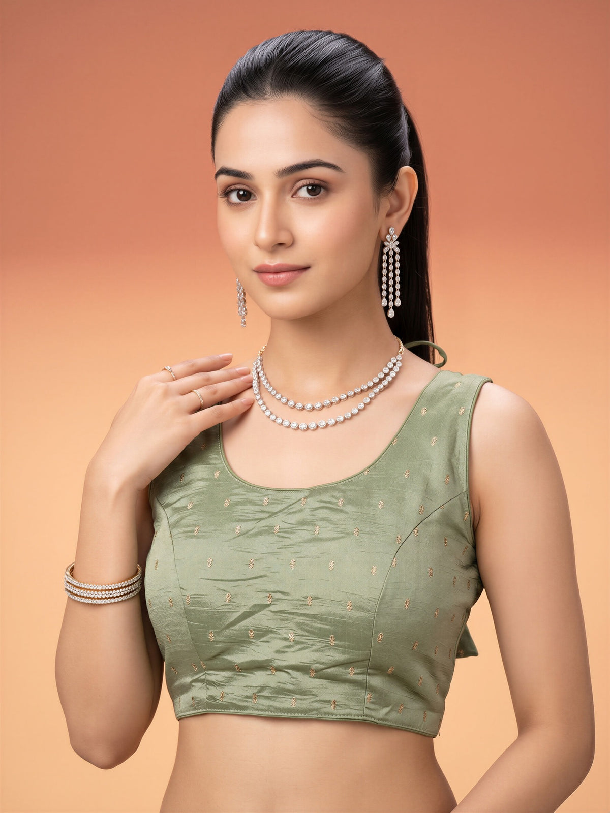 Sea Green sequin embellished silk blend sleeveless readymade saree blouse with round neck