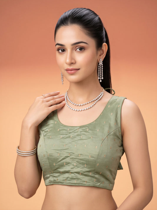 Sea Green sequin embellished silk blend sleeveless readymade saree blouse with round neck