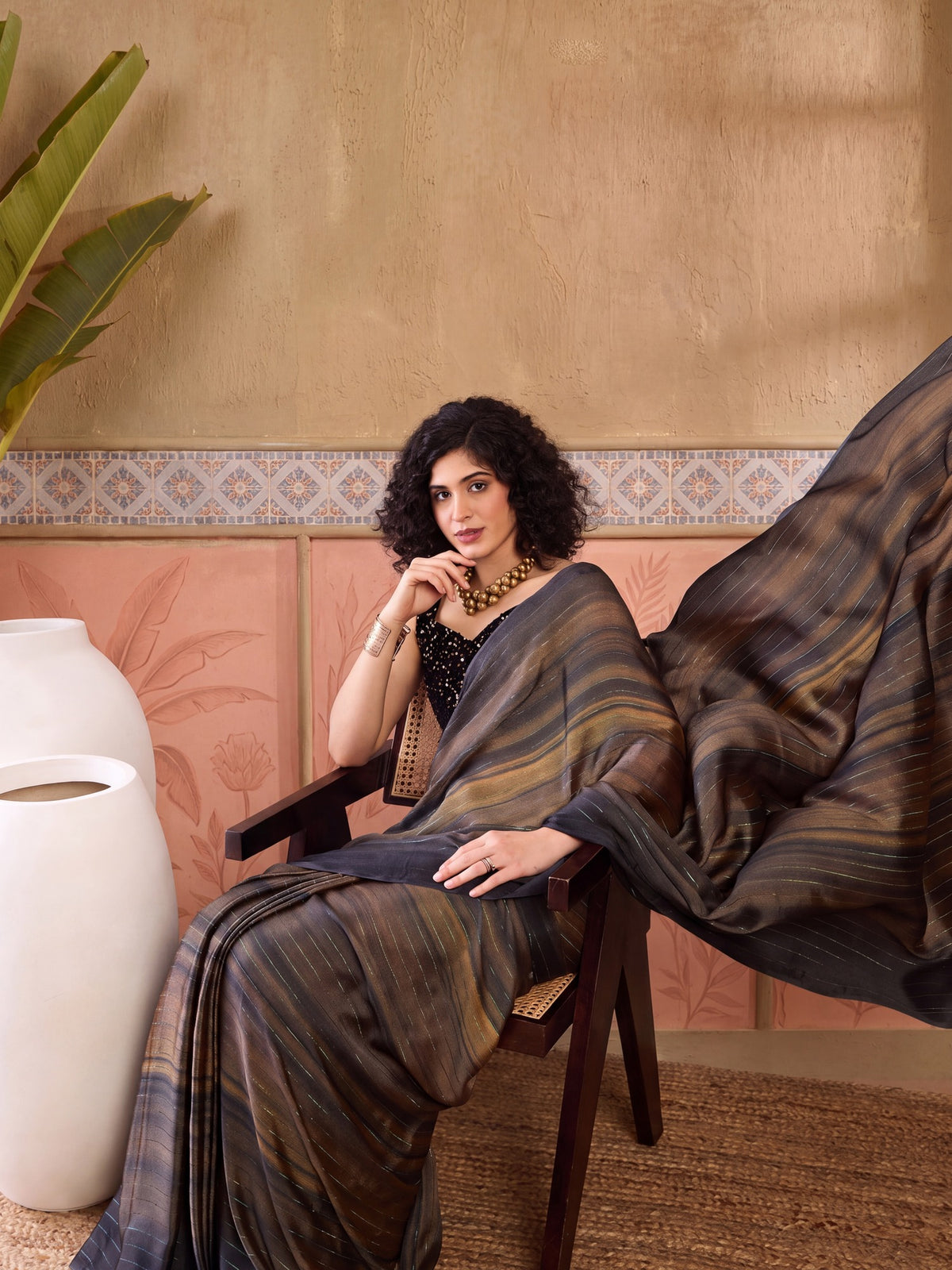 Black Poly Georgette saree – detail view 2