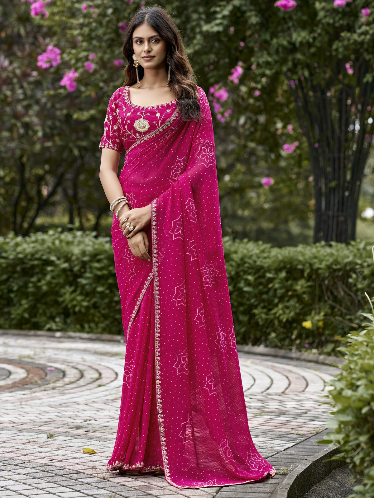 Pink bandhani georgette saree with pink blouse piece