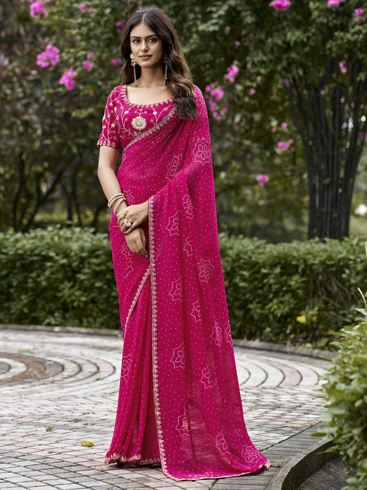 Pink bandhani georgette saree with pink blouse piece