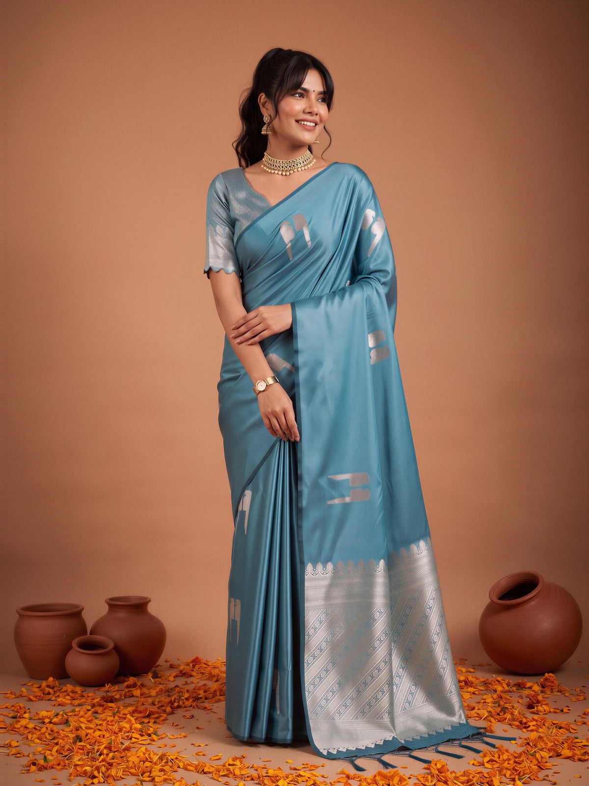 Light Blue Satin saree – detail view 3