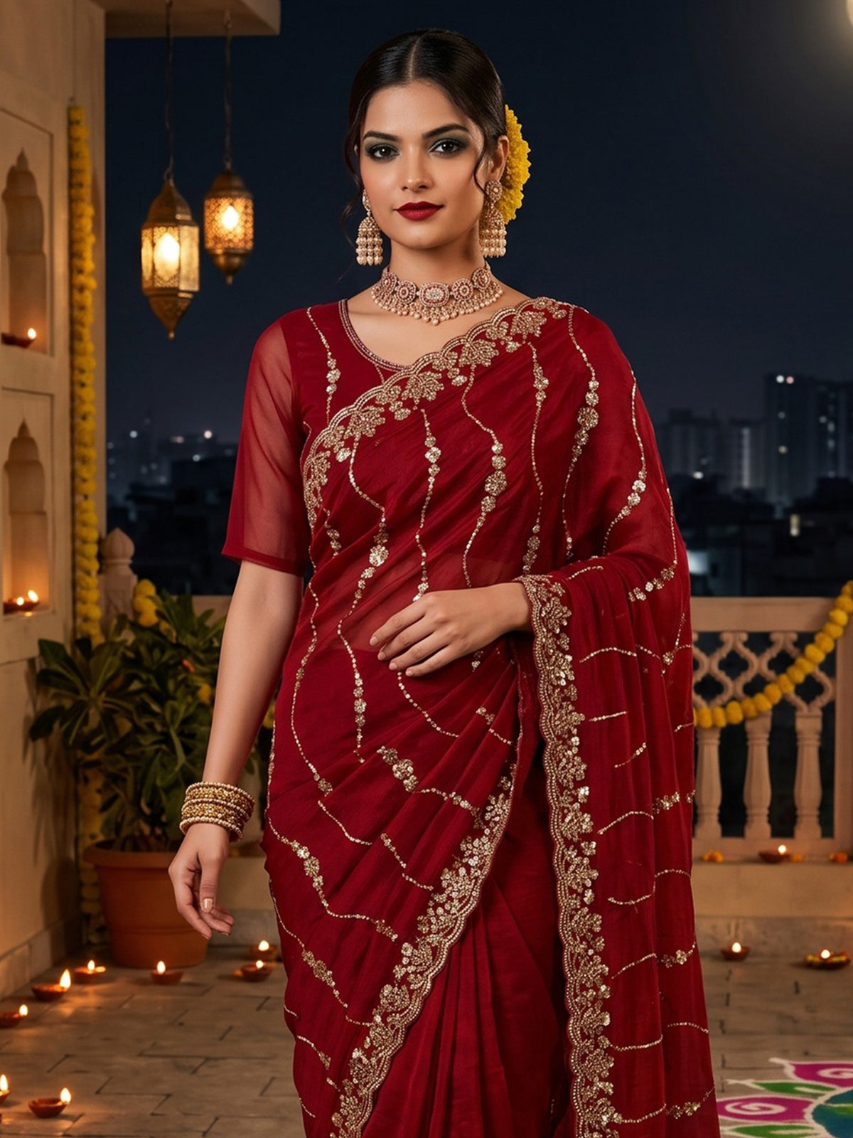 Red Satin saree – detail view 4