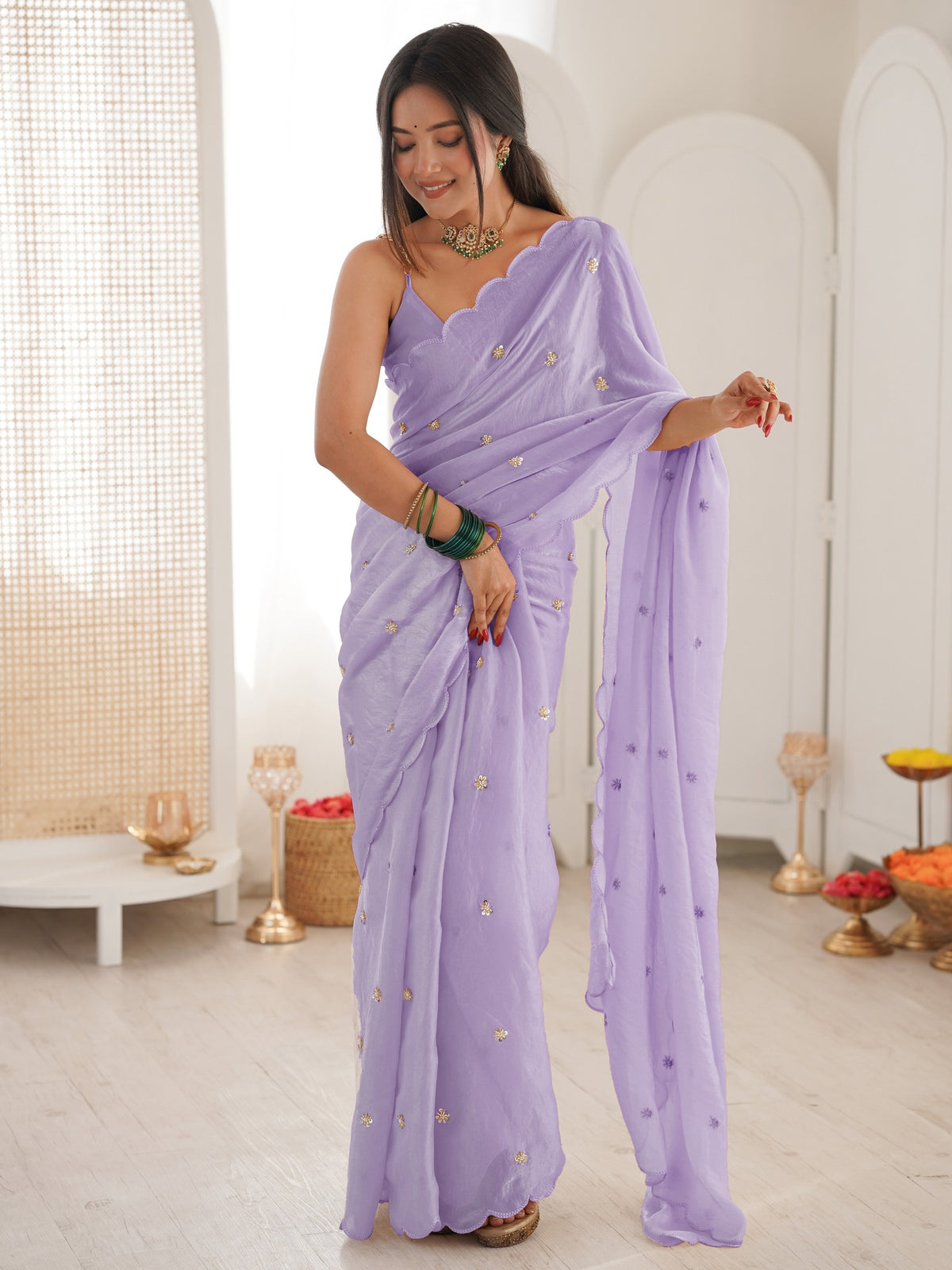 Lavender satin saree view 3