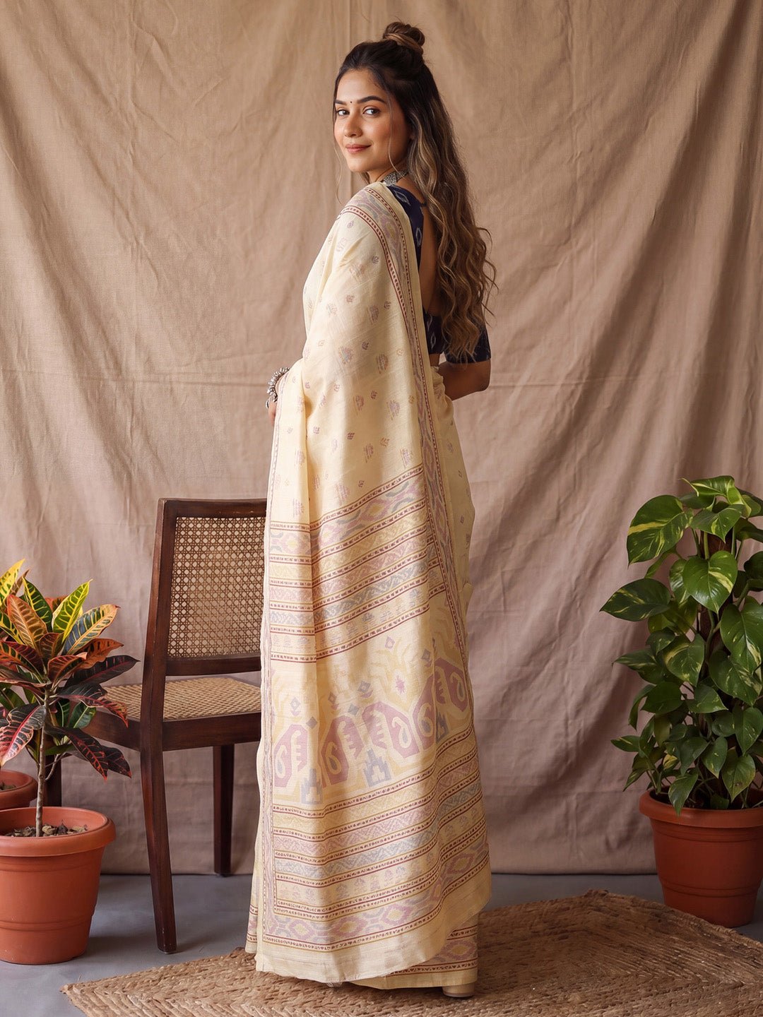 Cream Cotton Blend Woven Jacquard Border - Ressa