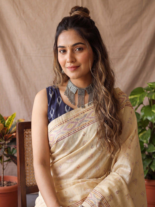 Cream Cotton Blend Woven Jacquard Border - Ressa