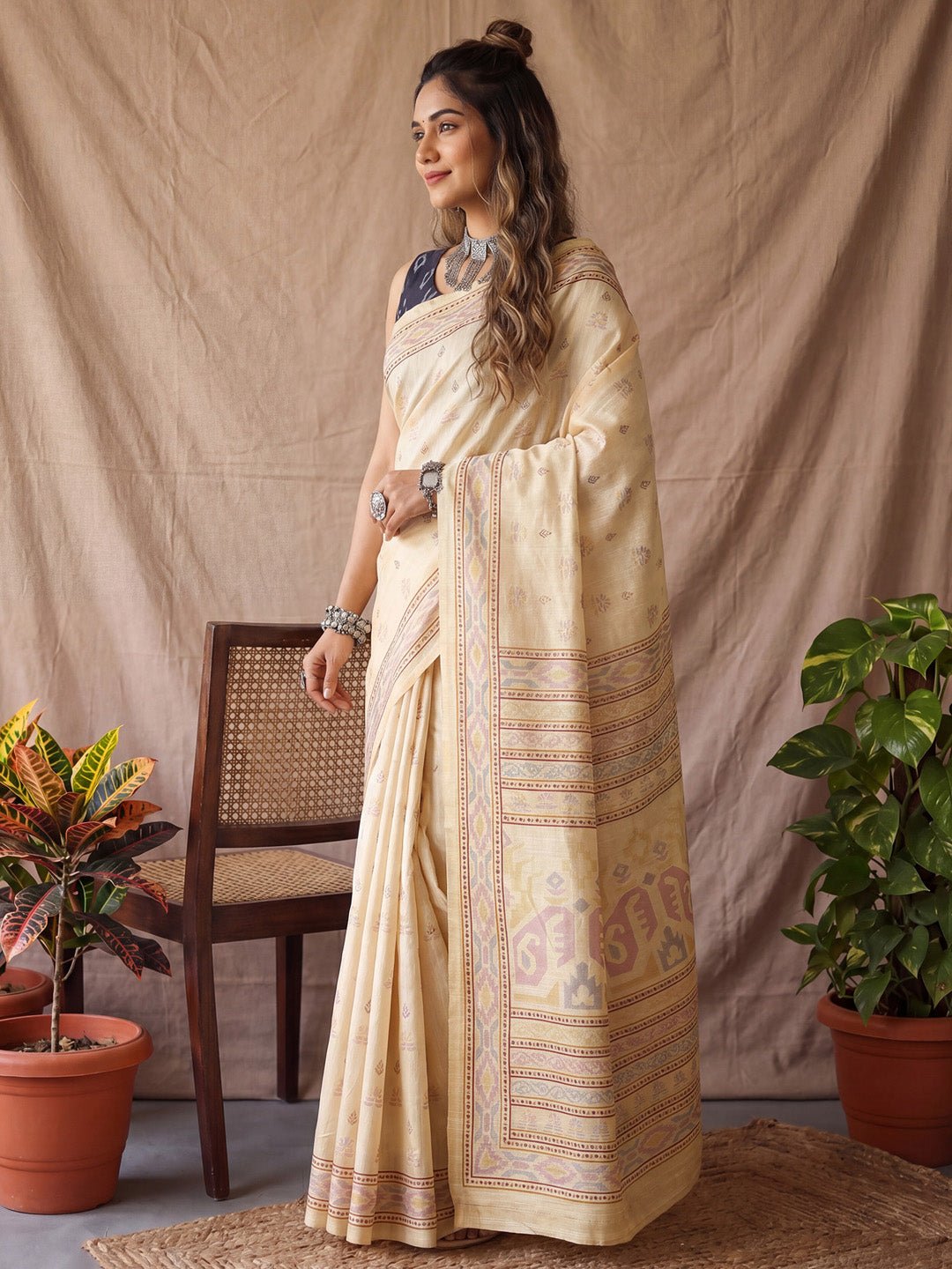 Cream Cotton Blend Woven Jacquard Border - Ressa