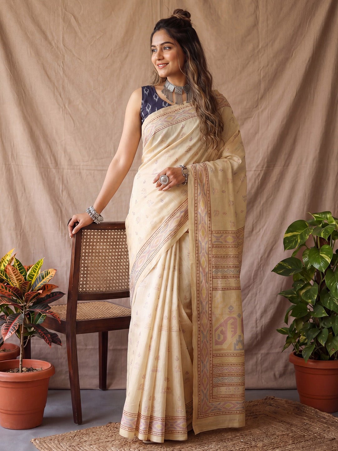 Cream Cotton Blend Woven Jacquard Border - Ressa