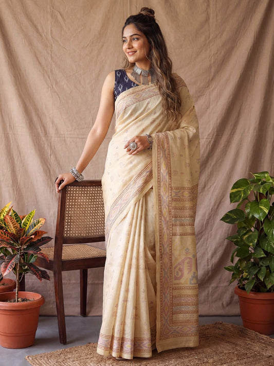 Cream Cotton Blend Woven Jacquard Border - Ressa