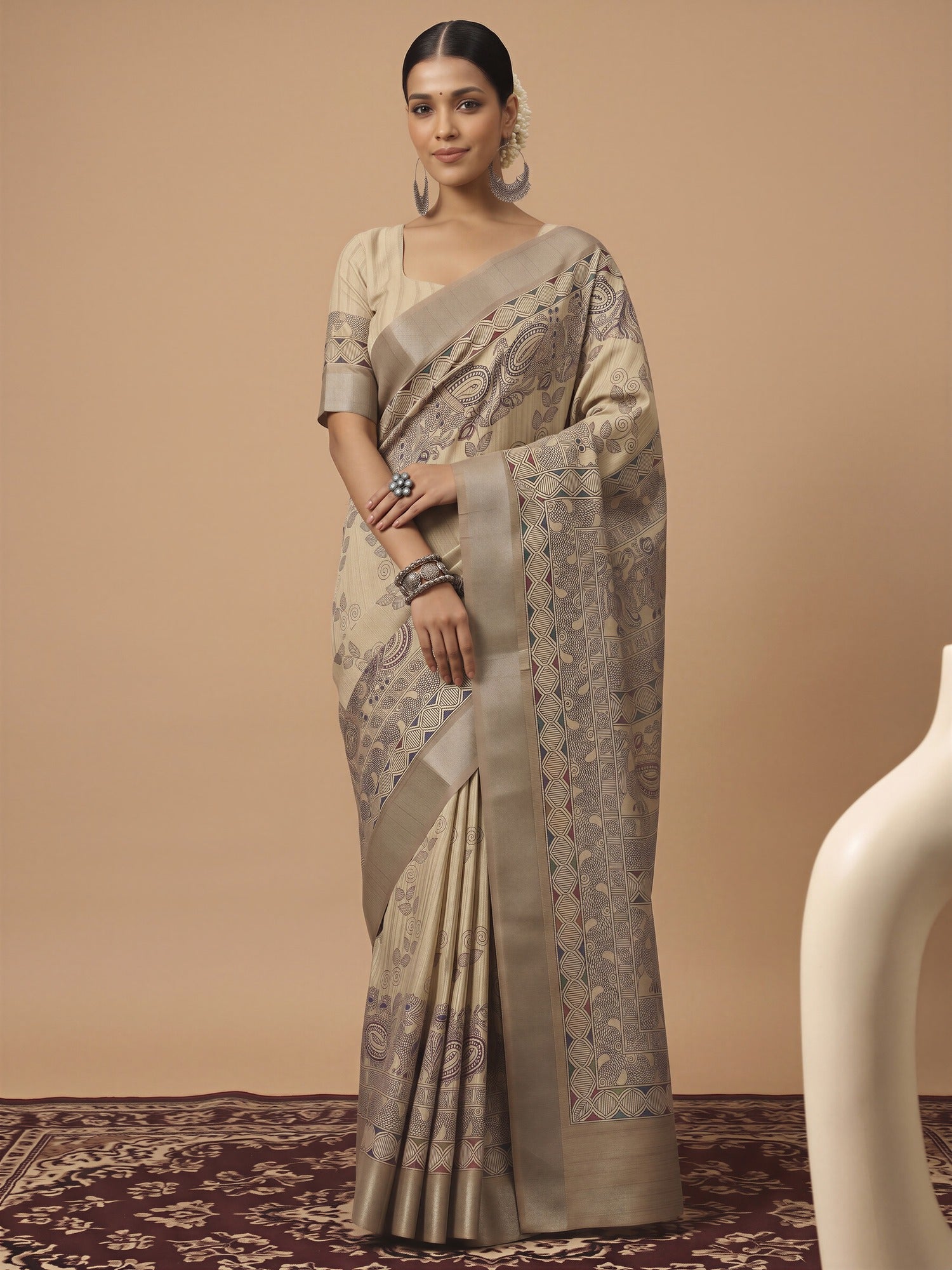 Cream Satin Silk saree – detail view 3
