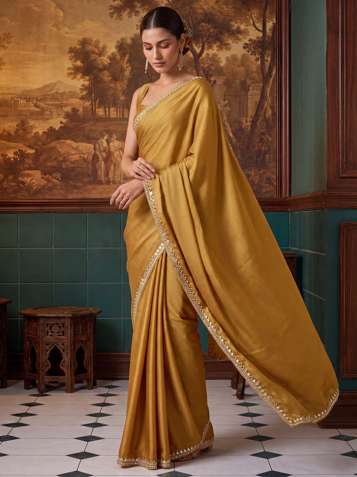 Mustard Satin saree – detail view 3