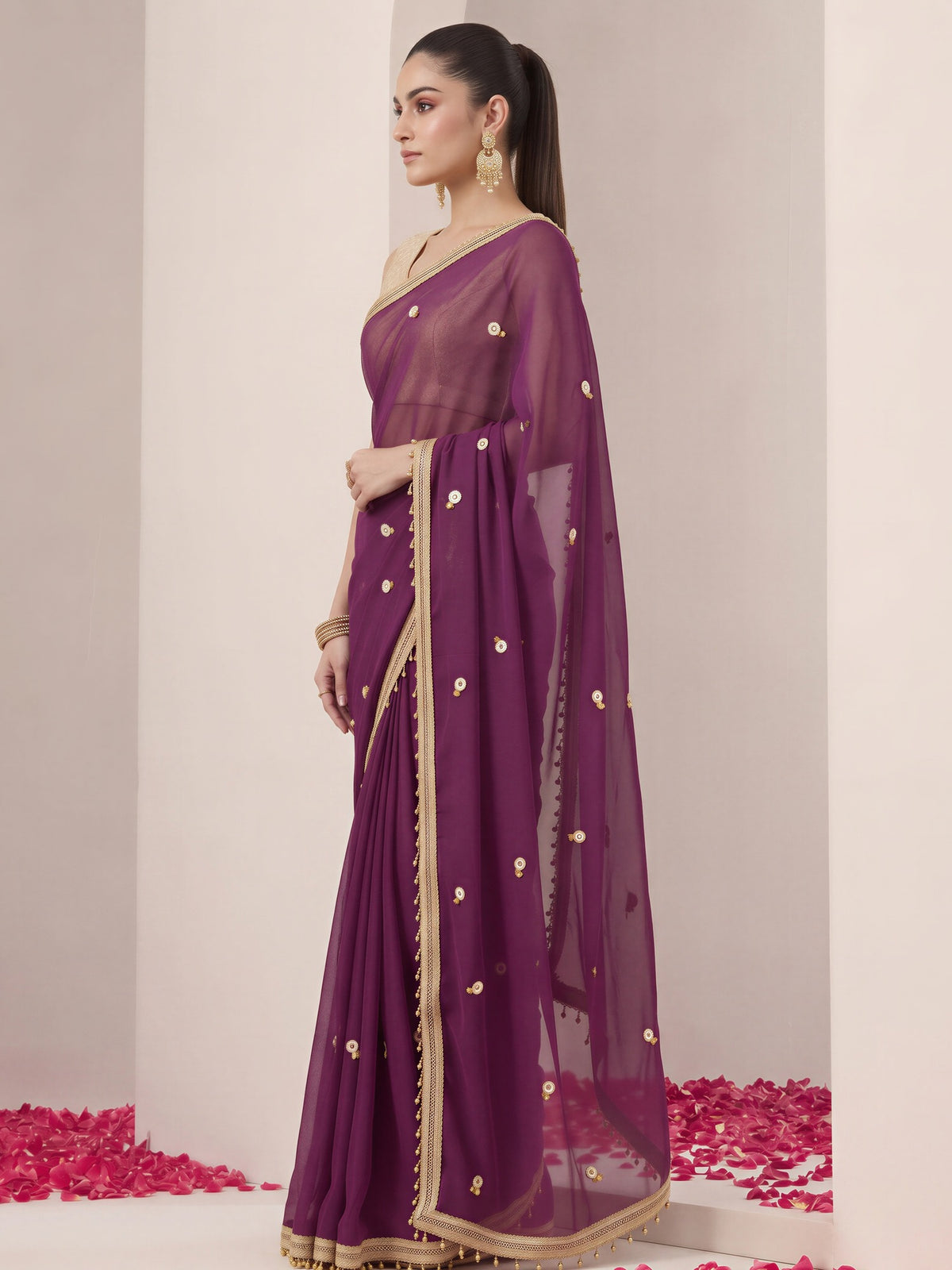 Wine poly georgette saree view 2