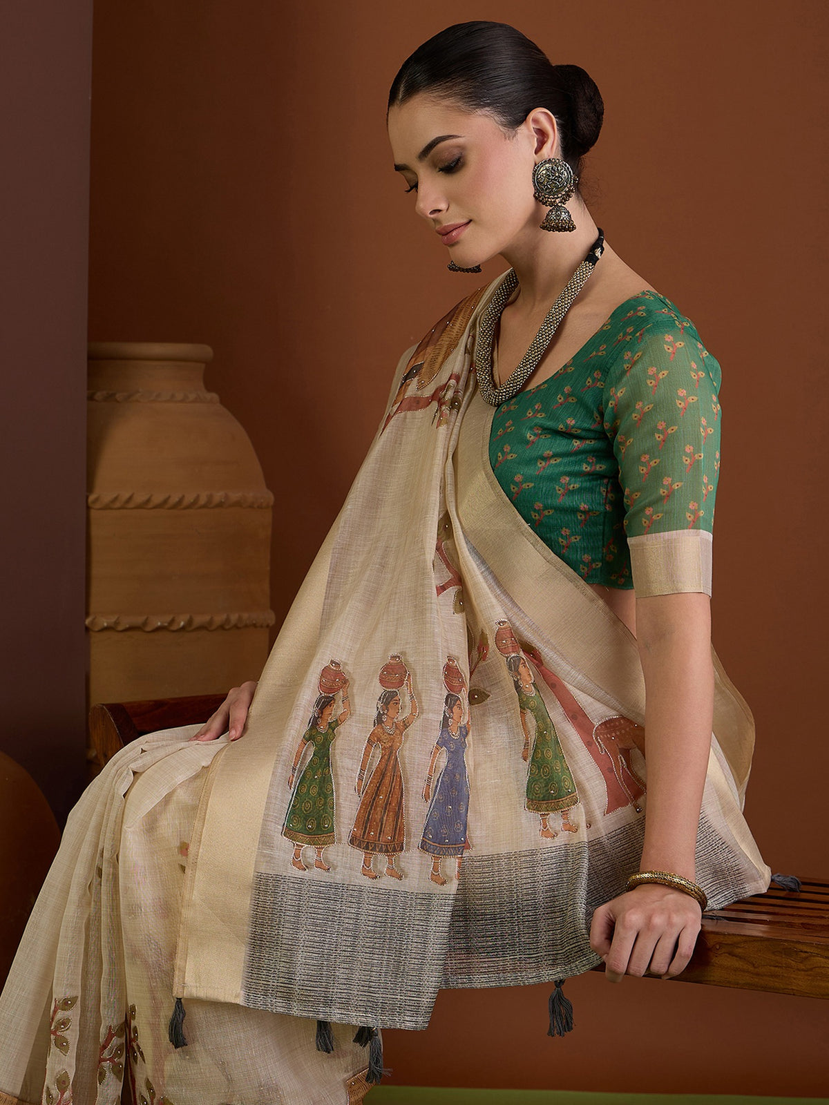 Beige linen blend saree view 6