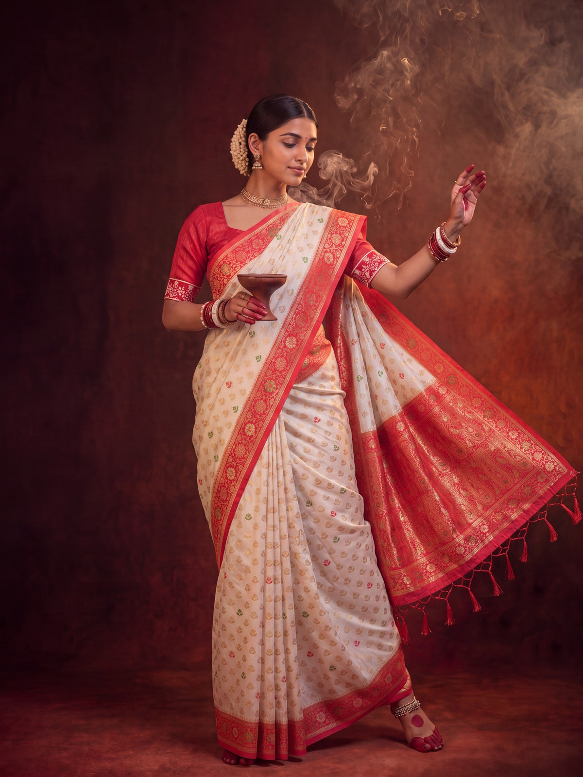 Woman wearing white banarasi silk saree with zari butta (metallic motif) work and red blouse